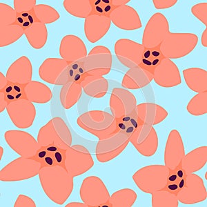 Seamless orange flowers pattern on light blue background